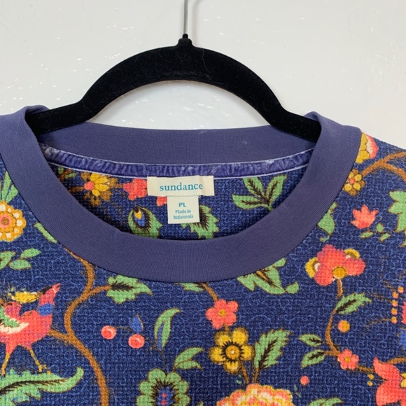 Sundance Blue Thermal Long Sleeve Top Women PETITE Large Floral Bird Print Boho - Picture 2 of 14